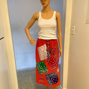 GENUINE THREADZ  RED COTTON SHIRT DRESS WITH PIECES OF BANDANNA BRAIDED BELT